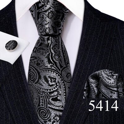 Set cravate pentru bărbați la modă Mătase Gri Negru Argintiu Alb În carouri în dungi Solid Paisley Cravată Floral Gât Batistă Butoni Barry·Wang