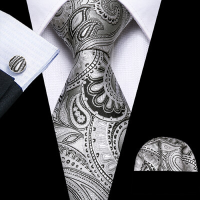 Set cravate pentru bărbați la modă Mătase Gri Negru Argintiu Alb În carouri în dungi Solid Paisley Cravată Floral Gât Batistă Butoni Barry·Wang