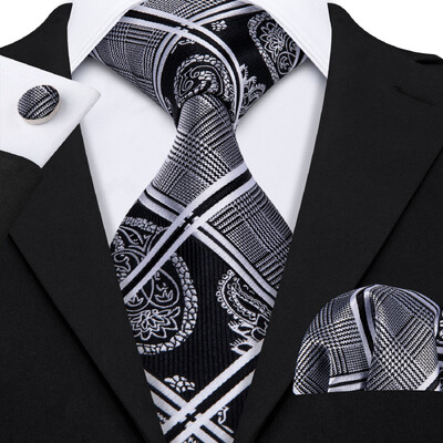 Set cravate pentru bărbați la modă Mătase Gri Negru Argintiu Alb În carouri în dungi Solid Paisley Cravată Floral Gât Batistă Butoni Barry·Wang