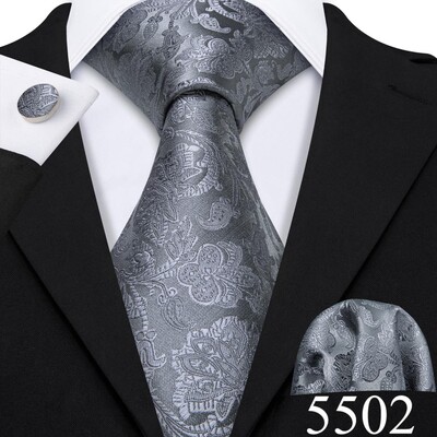 Set cravate pentru bărbați la modă Mătase Gri Negru Argintiu Alb În carouri în dungi Solid Paisley Cravată Floral Gât Batistă Butoni Barry·Wang