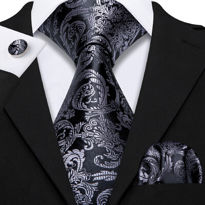 Set cravate pentru bărbați la modă Mătase Gri Negru Argintiu Alb În carouri în dungi Solid Paisley Cravată Floral Gât Batistă Butoni Barry·Wang