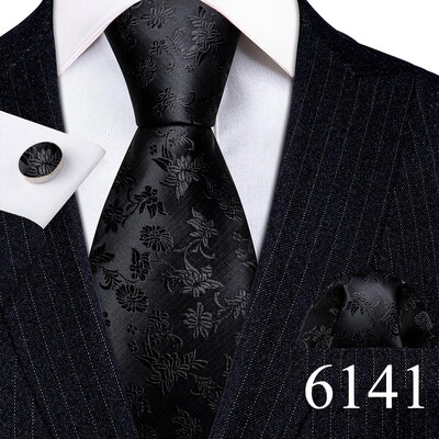 Set cravate pentru bărbați la modă Mătase Gri Negru Argintiu Alb În carouri în dungi Solid Paisley Cravată Floral Gât Batistă Butoni Barry·Wang