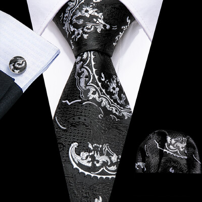 Set cravate pentru bărbați la modă Mătase Gri Negru Argintiu Alb În carouri în dungi Solid Paisley Cravată Floral Gât Batistă Butoni Barry·Wang