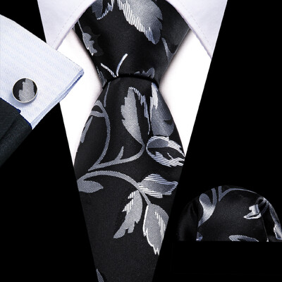 Set cravate pentru bărbați la modă Mătase Gri Negru Argintiu Alb În carouri în dungi Solid Paisley Cravată Floral Gât Batistă Butoni Barry·Wang