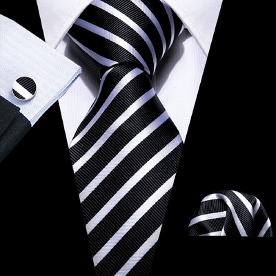 Set cravate pentru bărbați la modă Mătase Gri Negru Argintiu Alb În carouri în dungi Solid Paisley Cravată Floral Gât Batistă Butoni Barry·Wang