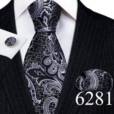 Set cravate pentru bărbați la modă Mătase Gri Negru Argintiu Alb În carouri în dungi Solid Paisley Cravată Floral Gât Batistă Butoni Barry·Wang
