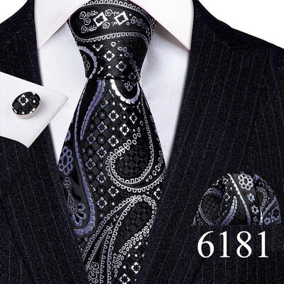 Set cravate pentru bărbați la modă Mătase Gri Negru Argintiu Alb În carouri în dungi Solid Paisley Cravată Floral Gât Batistă Butoni Barry·Wang