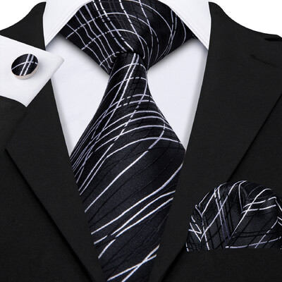 Set cravate pentru bărbați la modă Mătase Gri Negru Argintiu Alb În carouri în dungi Solid Paisley Cravată Floral Gât Batistă Butoni Barry·Wang