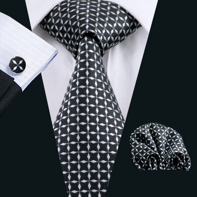 Set cravate pentru bărbați la modă Mătase Gri Negru Argintiu Alb În carouri în dungi Solid Paisley Cravată Floral Gât Batistă Butoni Barry·Wang