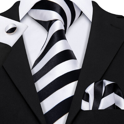 Set cravate pentru bărbați la modă Mătase Gri Negru Argintiu Alb În carouri în dungi Solid Paisley Cravată Floral Gât Batistă Butoni Barry·Wang