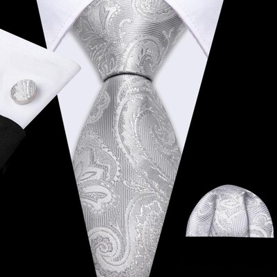 Set cravate pentru bărbați la modă Mătase Gri Negru Argintiu Alb În carouri în dungi Solid Paisley Cravată Floral Gât Batistă Butoni Barry·Wang