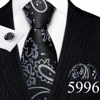 Set cravate pentru bărbați la modă Mătase Gri Negru Argintiu Alb În carouri în dungi Solid Paisley Cravată Floral Gât Batistă Butoni Barry·Wang