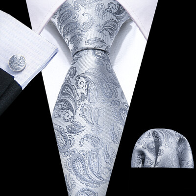 Set cravate pentru bărbați la modă Mătase Gri Negru Argintiu Alb În carouri în dungi Solid Paisley Cravată Floral Gât Batistă Butoni Barry·Wang