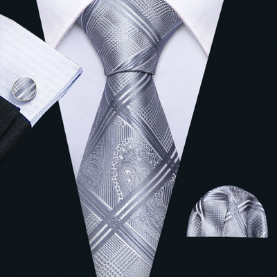 Set cravate pentru bărbați la modă Mătase Gri Negru Argintiu Alb În carouri în dungi Solid Paisley Cravată Floral Gât Batistă Butoni Barry·Wang