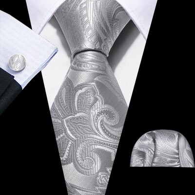 Set cravate pentru bărbați la modă Mătase Gri Negru Argintiu Alb În carouri în dungi Solid Paisley Cravată Floral Gât Batistă Butoni Barry·Wang