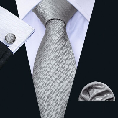 Set cravate pentru bărbați la modă Mătase Gri Negru Argintiu Alb În carouri în dungi Solid Paisley Cravată Floral Gât Batistă Butoni Barry·Wang