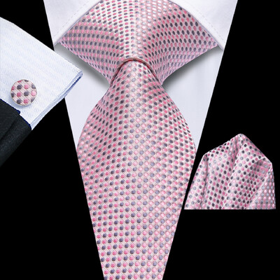 Hi-Tie Pink Grey Polka Dots Дизайнерска елегантна вратовръзка за мъже Модна марка Сватбено парти Вратовръзка Handky Копче за ръкавели Бизнес на едро