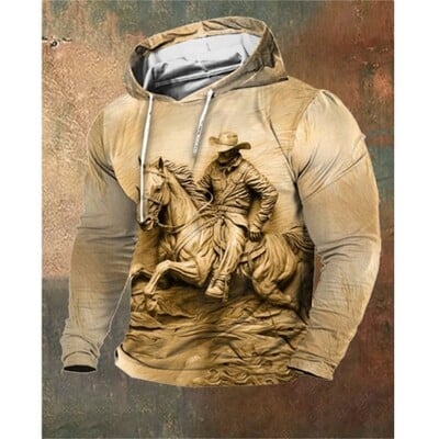 Imprimare 3D Sculpture Cal Hanorac pentru bărbați în stil artistic Pulover Hanorac cu glugă Vintage supradimensionat Hanorac pentru bărbați Haine Streetwear