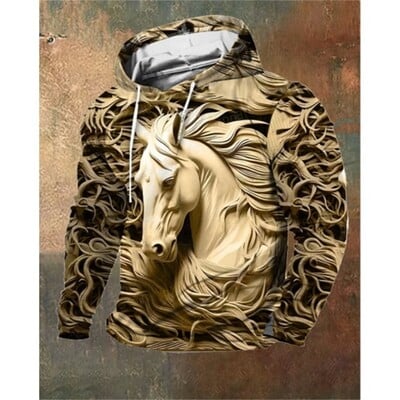 Imprimare 3D Sculpture Cal Hanorac pentru bărbați în stil artistic Pulover Hanorac cu glugă Vintage supradimensionat Hanorac pentru bărbați Haine Streetwear