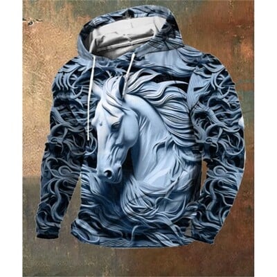 Imprimare 3D Sculpture Cal Hanorac pentru bărbați în stil artistic Pulover Hanorac cu glugă Vintage supradimensionat Hanorac pentru bărbați Haine Streetwear
