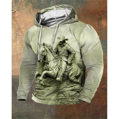 Imprimare 3D Sculpture Cal Hanorac pentru bărbați în stil artistic Pulover Hanorac cu glugă Vintage supradimensionat Hanorac pentru bărbați Haine Streetwear