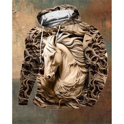 Imprimare 3D Sculpture Cal Hanorac pentru bărbați în stil artistic Pulover Hanorac cu glugă Vintage supradimensionat Hanorac pentru bărbați Haine Streetwear