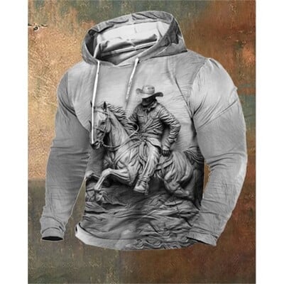 Imprimare 3D Sculpture Cal Hanorac pentru bărbați în stil artistic Pulover Hanorac cu glugă Vintage supradimensionat Hanorac pentru bărbați Haine Streetwear