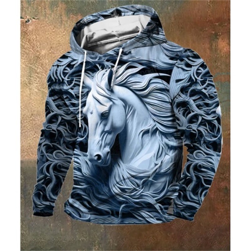 Imprimare 3D Sculpture Cal Hanorac pentru bărbați în stil artistic Pulover Hanorac cu glugă Vintage supradimensionat Hanorac pentru bărbați Haine Streetwear