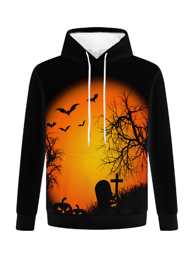 sikspārņu apdruka vīriešiem Kapucis Hip Hop Mīksts džemperis Ikdienas Helovīna Ķirbju melnas kapuces Streetwear brīvs pulovers vīriešu apģērbs