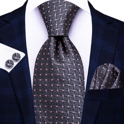 Hi-Tie Plaid Dots Purpursarkani Pelēka Vīriešu Eleganta kaklasaite Kabatlakatiņu Aproču pogas Smokingam Modes Klasiska zīda Luksusa kaklasaite vīriešiem