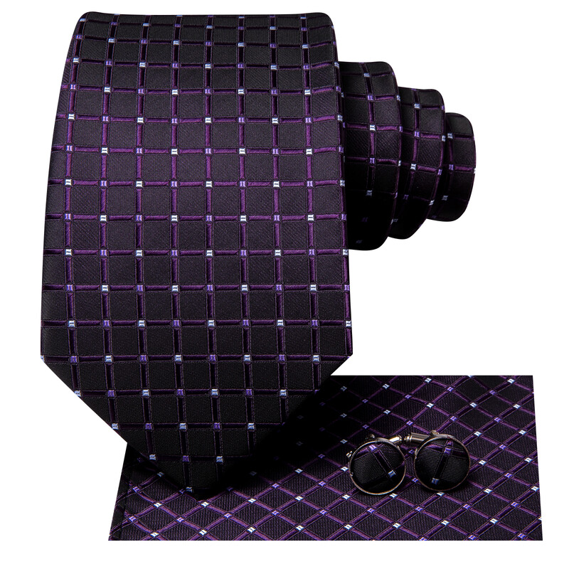 Hi-Tie Plaid Dots Purpursarkani Pelēka Vīriešu Eleganta kaklasaite Kabatlakatiņu Aproču pogas Smokingam Modes Klasiska zīda Luksusa kaklasaite vīriešiem