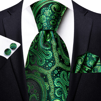 Pánska elegantná kravata s paisley vzorom, tmavozelená a čierna, vreckovka, manžetové gombíky do smokingu, klasická hodvábna luxusná kravata pre mužov