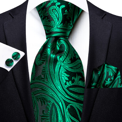 Pánska elegantná kravata s paisley vzorom, tmavozelená a čierna, vreckovka, manžetové gombíky do smokingu, klasická hodvábna luxusná kravata pre mužov