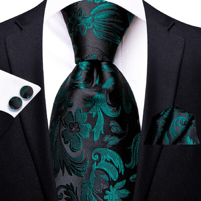 Pánska elegantná kravata s paisley vzorom, tmavozelená a čierna, vreckovka, manžetové gombíky do smokingu, klasická hodvábna luxusná kravata pre mužov