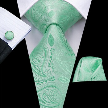 Hi-Te Mint Green Paisley Μεταξωτή Γαμήλια Γραβάτα για Άντρες Καλοκαιρινό Σχέδιο Μόδας Hanky Σετ δώρου με μανικετόκουμπα επαγγελματικό πάρτι Dropshipping