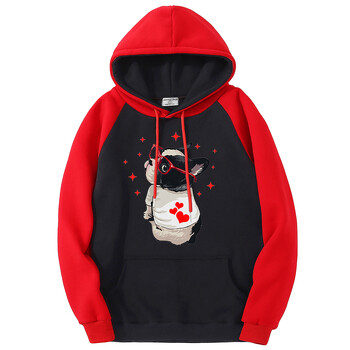 Cute Dog Look Back Color Collision Hoodies Мъжки есенни свободни суичъри с качулка Fleece O-образно деколте Дрехи Harajuku Raglan Суичъри Пуловер Човек