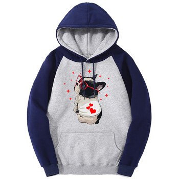 Cute Dog Look Back Color Collision Hoodies Мъжки есенни свободни суичъри с качулка Fleece O-образно деколте Дрехи Harajuku Raglan Суичъри Пуловер Човек