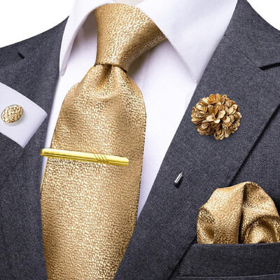 Hi-Tie Luxury Yellow Brown Paisley Eleganta biznesa kaklasaite vīriešiem Zīda vīriešu kaklasaites sprādze Hanky aproču pogu komplekts Svinīga kāzu ballīte