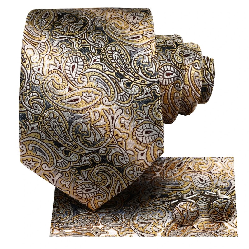 Hi-Tie Luxury Yellow Brown Paisley Eleganta biznesa kaklasaite vīriešiem Zīda vīriešu kaklasaites sprādze Hanky aproču pogu komplekts Svinīga kāzu ballīte