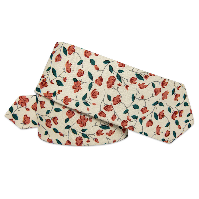 Újszerű bézs virágos Mne nyakkendő narancssárga virággal, zöld levelekkel, luxus pamut nyakkendővel, négyzet alakú zsebbel corbatas para hombre