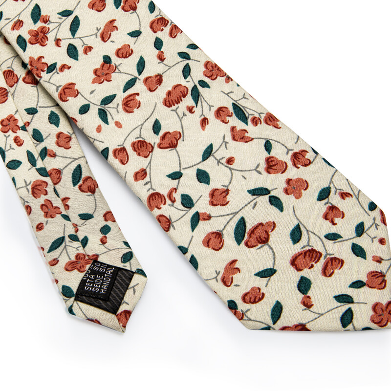 Újszerű bézs virágos Mne nyakkendő narancssárga virággal, zöld levelekkel, luxus pamut nyakkendővel, négyzet alakú zsebbel corbatas para hombre