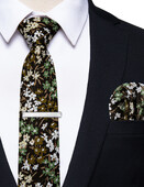 Retro barna fehér zöld virágos nyomtatott fekete nyakkendő férfi esküvői bulinak Business corbatas para hombre Pocket Square Dropshipping
