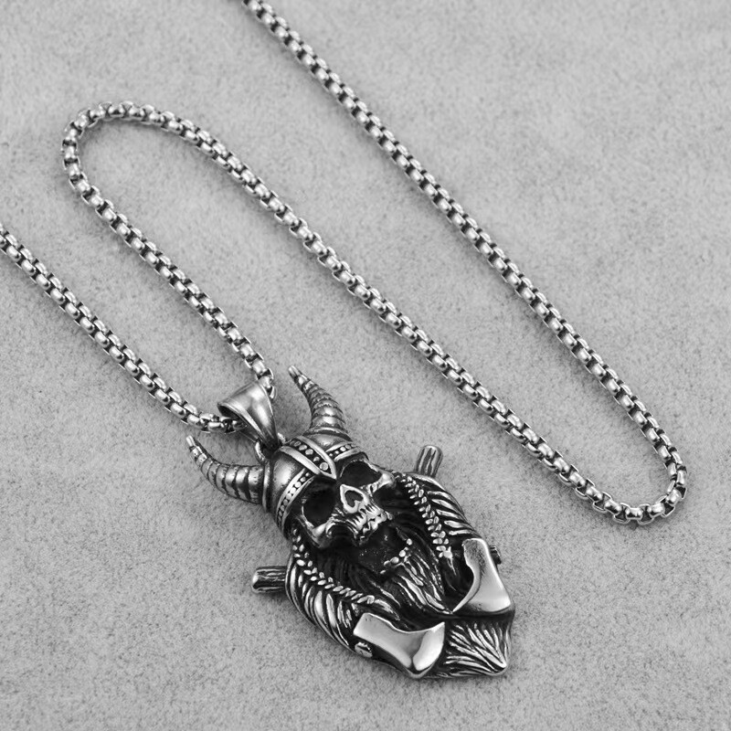 Retro Viking Skeleton Warrior Pendant Necklace Stainless Steel Chain Gothic Punk Jewelry Cross Border Hot Wholesale