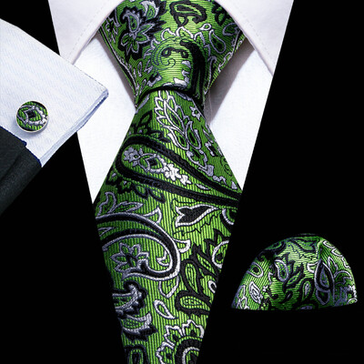 Κομψή πράσινη μεταξωτή γραβάτα Λεπτά αξεσουάρ μόδας ζακάρ τετράγωνα μανικετόκουμπα τσέπης Σετ Σχεδιαστής γάμου Business Barry.Wang 5192