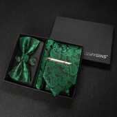 JEMYGINS Luxury Gift Box Classic Paisley Green Silk Kaklasaite Kabatas kvadrātveida aproču pogas Komplekts Biznesa ballīte Kāzu Vīriešu tauriņš