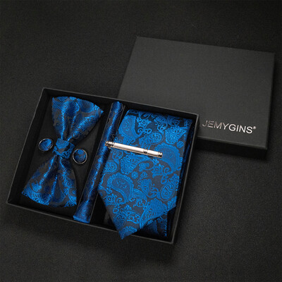 JEMYGINS Luxury Gift Box Classic Paisley Green Silk Kaklasaite Kabatas kvadrātveida aproču pogas Komplekts Biznesa ballīte Kāzu Vīriešu tauriņš