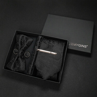 JEMYGINS Luxury Gift Box Classic Paisley Green Silk Kaklasaite Kabatas kvadrātveida aproču pogas Komplekts Biznesa ballīte Kāzu Vīriešu tauriņš