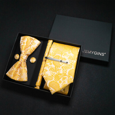 JEMYGINS Luxury Gift Box Classic Paisley Green Silk Kaklasaite Kabatas kvadrātveida aproču pogas Komplekts Biznesa ballīte Kāzu Vīriešu tauriņš