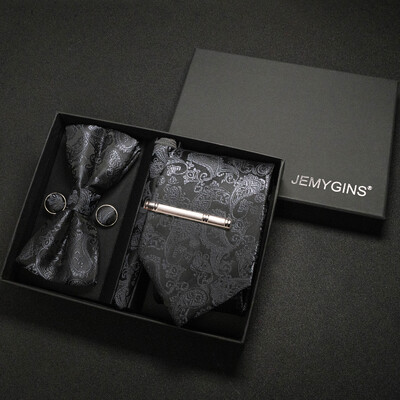 JEMYGINS Luxury Gift Box Classic Paisley Green Silk Kaklasaite Kabatas kvadrātveida aproču pogas Komplekts Biznesa ballīte Kāzu Vīriešu tauriņš