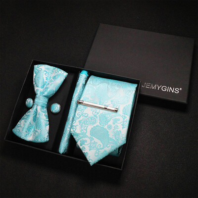 JEMYGINS Luxury Gift Box Classic Paisley Green Silk Kaklasaite Kabatas kvadrātveida aproču pogas Komplekts Biznesa ballīte Kāzu Vīriešu tauriņš